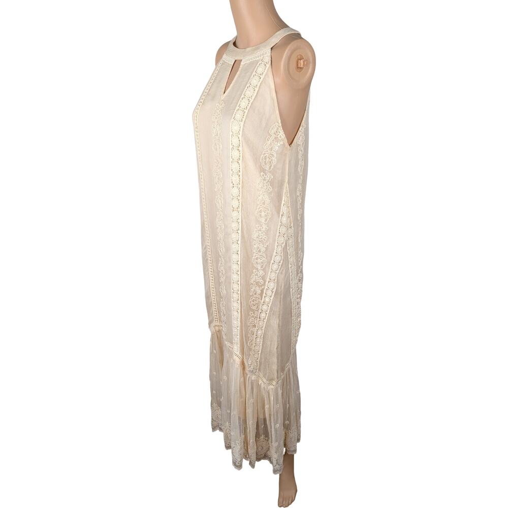 Sundance Adara Halter Dress 6 | Cream Cupro Embroidered Eyelet Flounce Midi - Picture 6 of 10